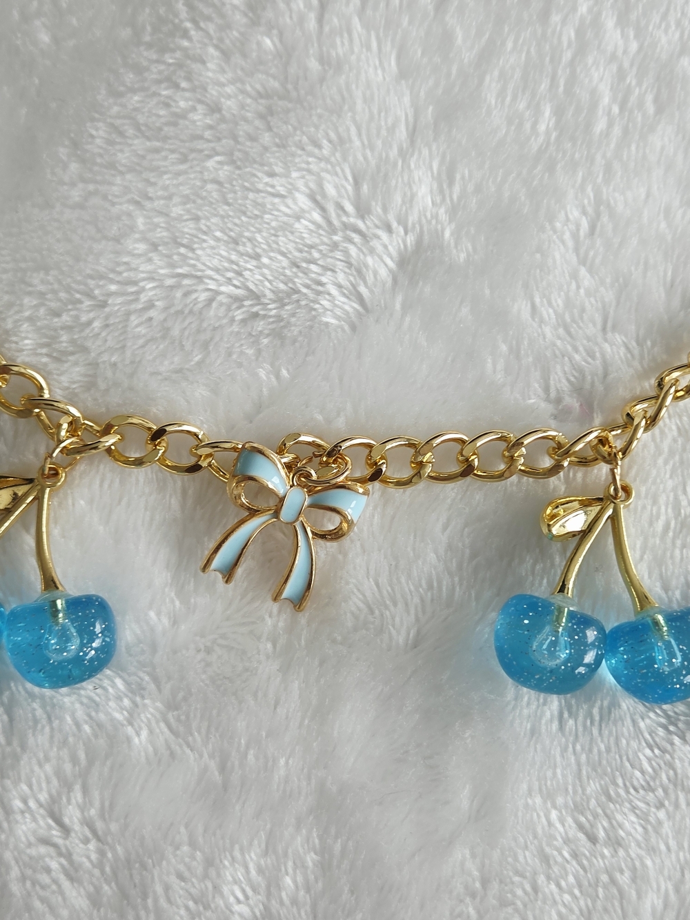 Blue Bow And Cherry Bag Chain with Blue Shimmer Cherries - Picture 3 of 10